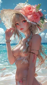 Anime beach girl in floral sunhat under bright summer sky.