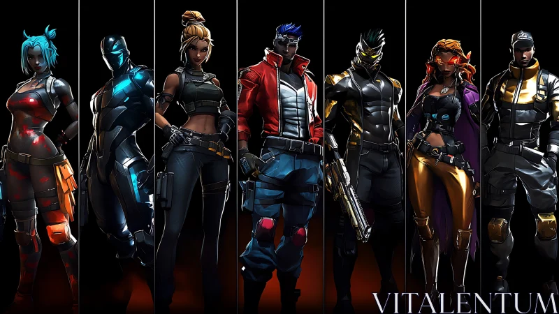 Heroic cyber squad lineup in dramatic neon rim lighting.