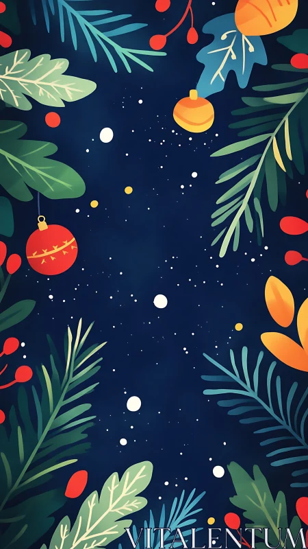 Festive botanical frame surrounding starry night sky.