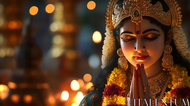 Golden-eyed goddess in candlelit prayer and fragrant garlands.