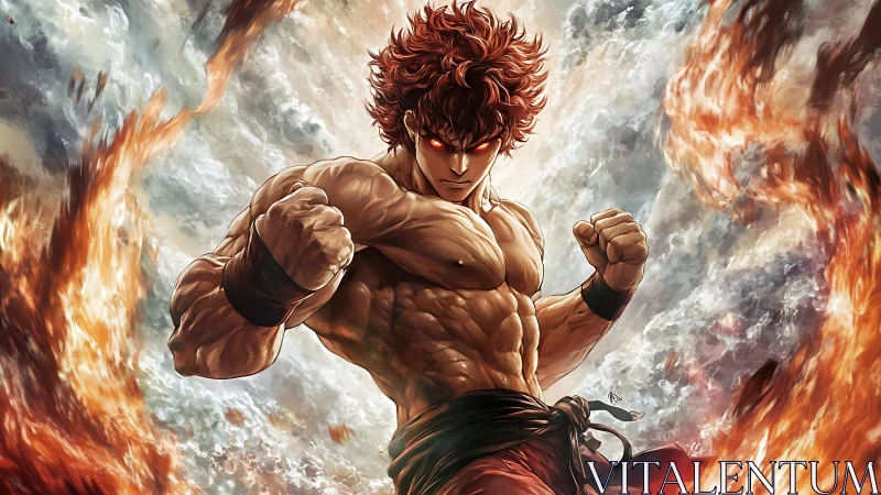 Fiery anime warrior unleashes power within swirling flames.