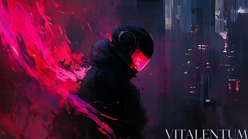Neon visor wanderer in a moody, glowing cyber city night.