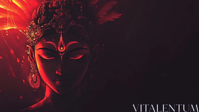 Divine feminine portrait glows within deep crimson shadows