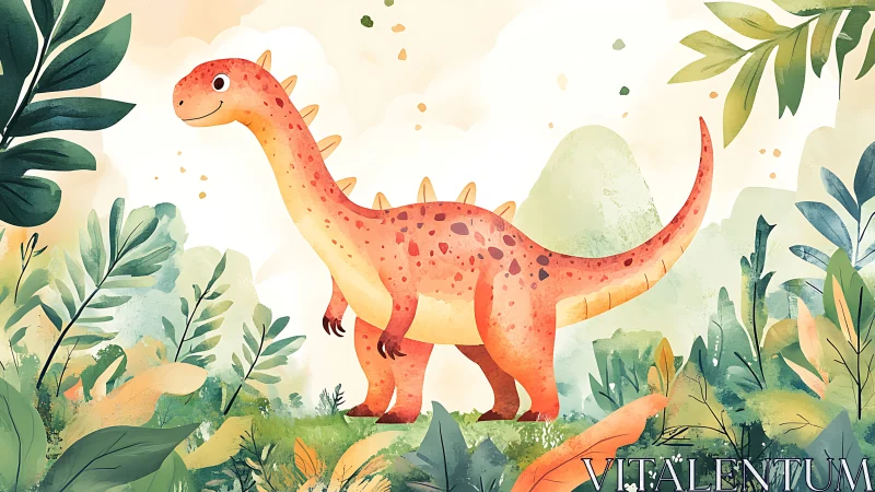 Playful orange sauropod dinosaur in lush stylized jungle habitat
