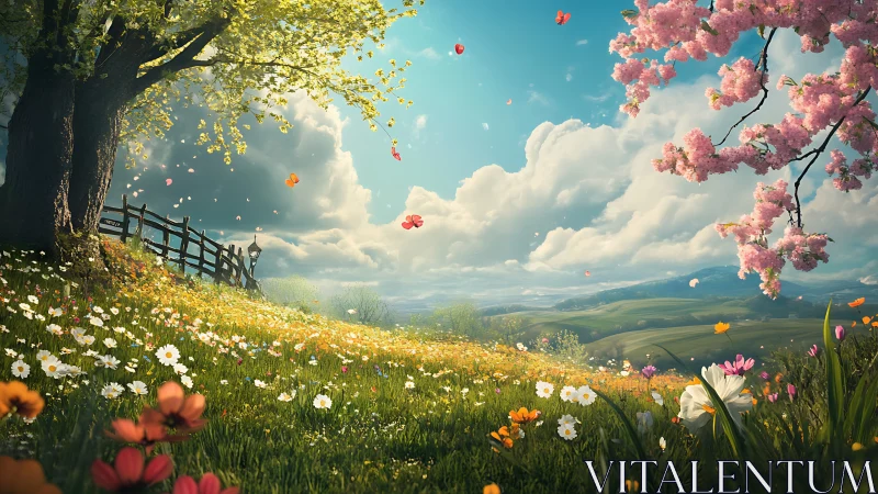 Springtime dreamfield under drifting petals and bright clouds.