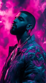 Profile portrait of tattooed man in neon smoke environment