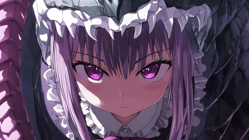 Crimson-eyed gothic dragon girl framed in shadowed ruffles.