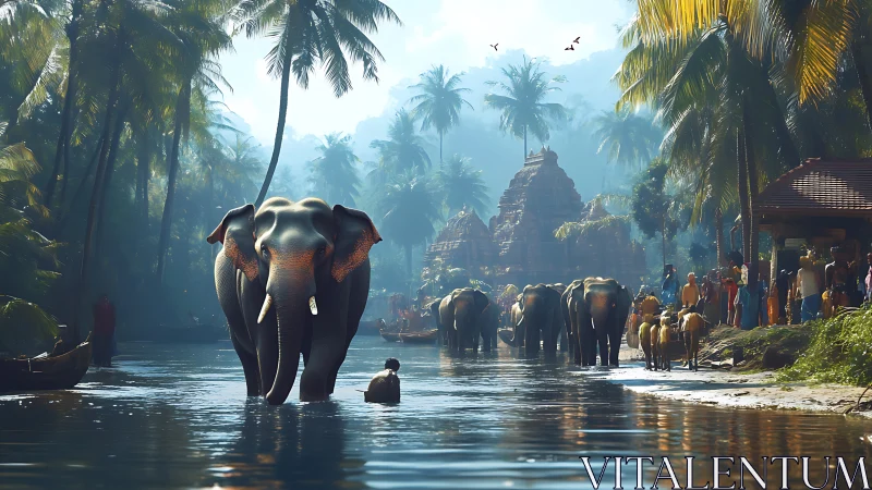 Elephants crossing tropical river near temple village scene.