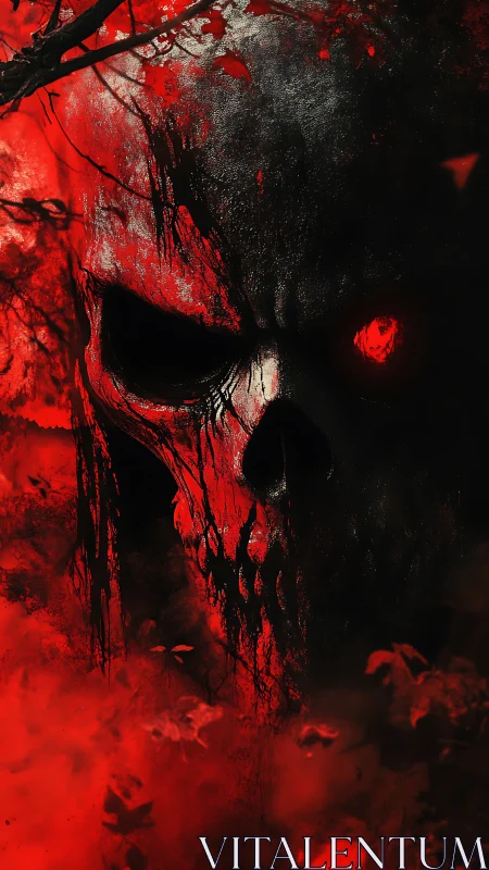 Hemorrhagic skull apparition in high-contrast infernal red field.