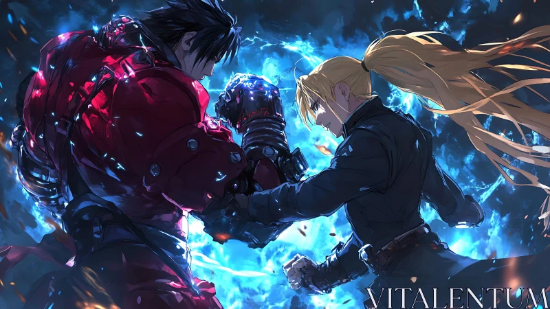 Opposed fighters with powered gauntlets in blue energy field.