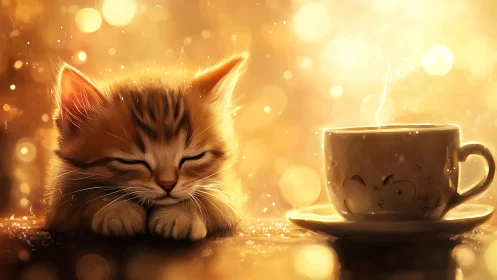 Stylized Feline with Warm Beverage in Golden Ambient Setting.