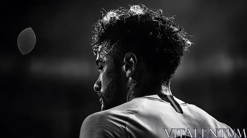 Backlit football player in monochrome stadium environment.