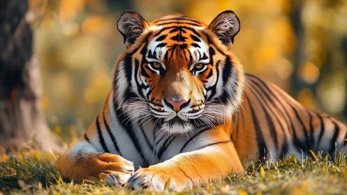Golden forest tiger resting calmly in soft autumn light.