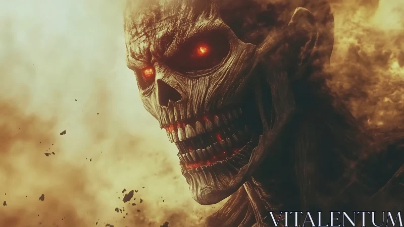 Flaming skeletal giant rendered in detailed fiery closeup