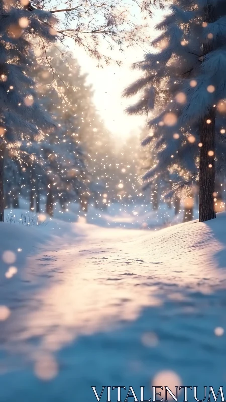 Snowlit forest path where dawn sprinkles floating embers.