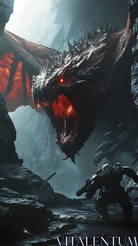 Armored soldier confronts infernal dragon in misted ravine