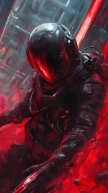 Armored sci fi figure in red energy field stands rigidly