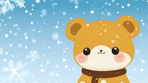 Cartoon bear character is shown in snowfall scene