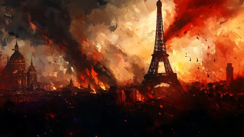Eiffel Tower stands amid burning city and heavy smoke