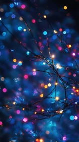 Neon fairy lights shimmer across a dreamy blue bokeh field.