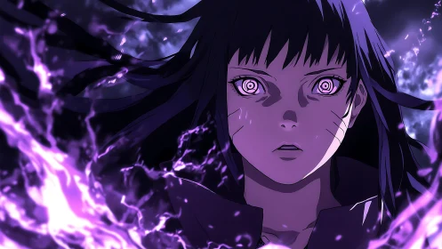 Purple energy-surrounded anime girl with glowing eyes.