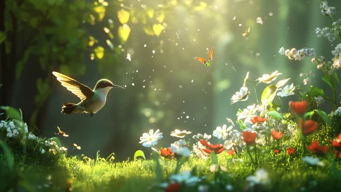 Hummingbird in Sunlit Garden with Wildflowers, Lush Nature Scene.