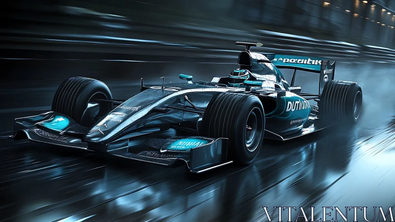 Sleek racing car charges through wet city streets at speed