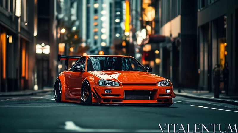 Midnight city stance: vivid orange tuner car poised low.