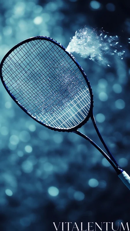 Tennis racket in motion with water spray against blue bokeh.