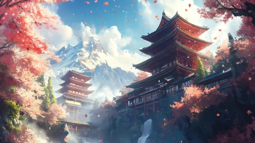 Mountain temple pagodas rise among vivid autumn sakura forest