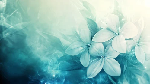 Ethereal White Flowers in Luminous Blue Gradient Atmosphere