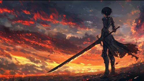Armored swordsman silhouetted against burning sunset sky.