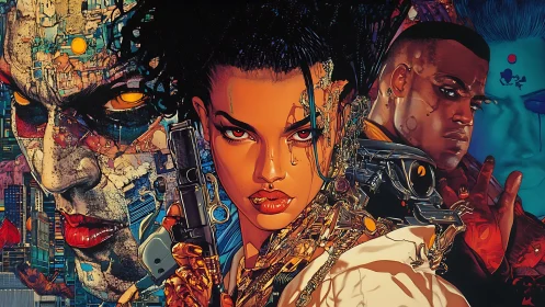 Cybernetic trio in dense neon cityscape with weaponry focus.