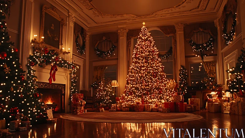 Grand festive hall with illuminated Christmas tree and fireplace