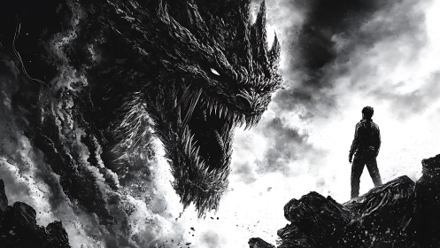 Stormy cliffs welcome a lone hero facing a roaring dragon