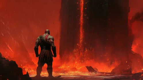 Lone warrior facing a towering river of molten fire.