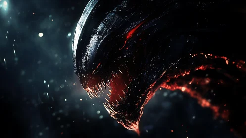 Nightmarish alien predator head in fiery side profile.