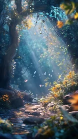 Forest glade with stream, flowering plants and butterflies.