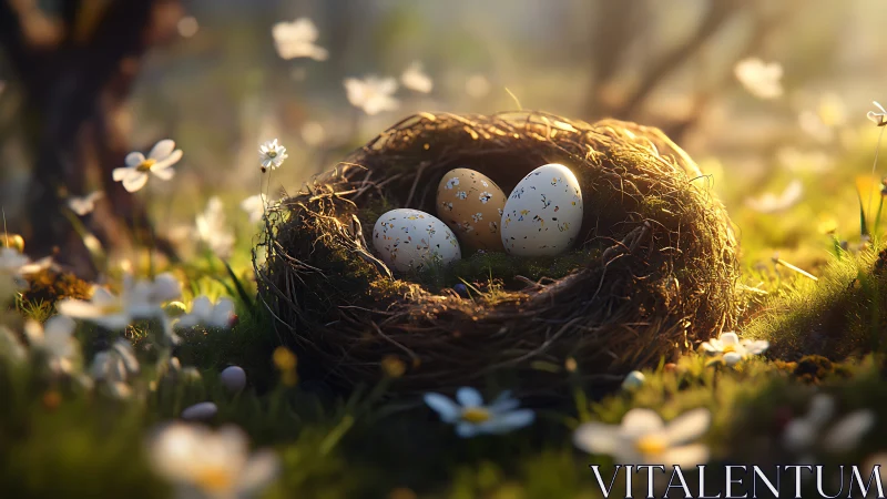 Bird nest with patterned eggs in soft forest ground light.