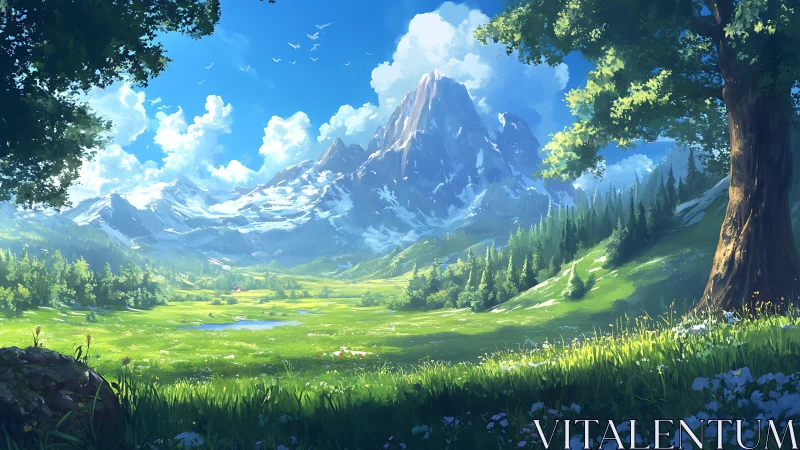 Mountain meadow landscape under clear blue sky.