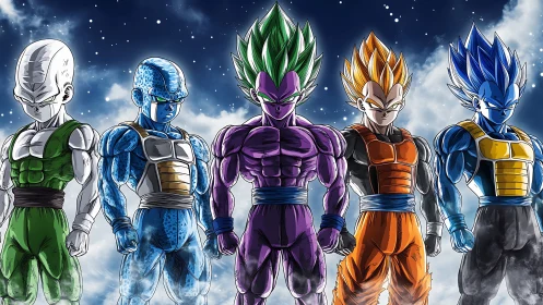 Five armored fighters stand in formation under a clouded sky