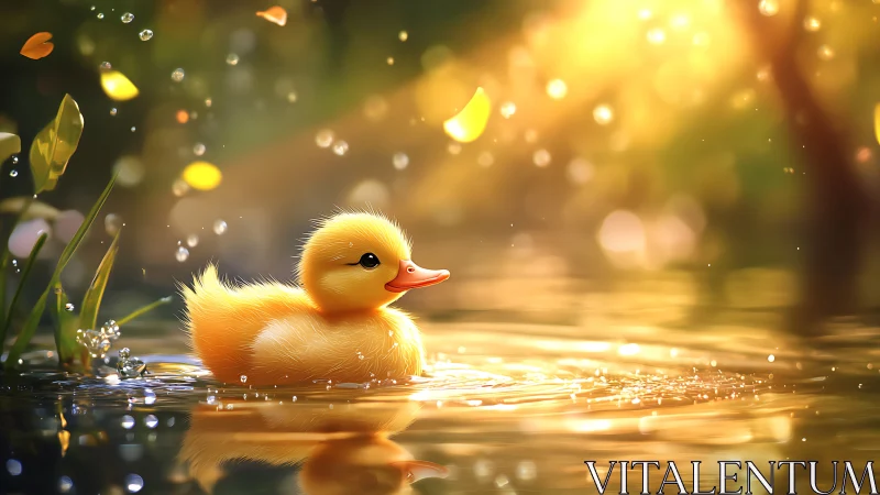 Sunlit duckling drifts through glittering golden ripples.