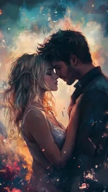 Romantic couple embracing with ethereal fire and light effects