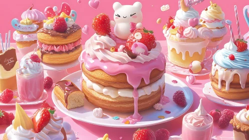 Vibrant 3D Candy Dessert Scene with Layered Cakes