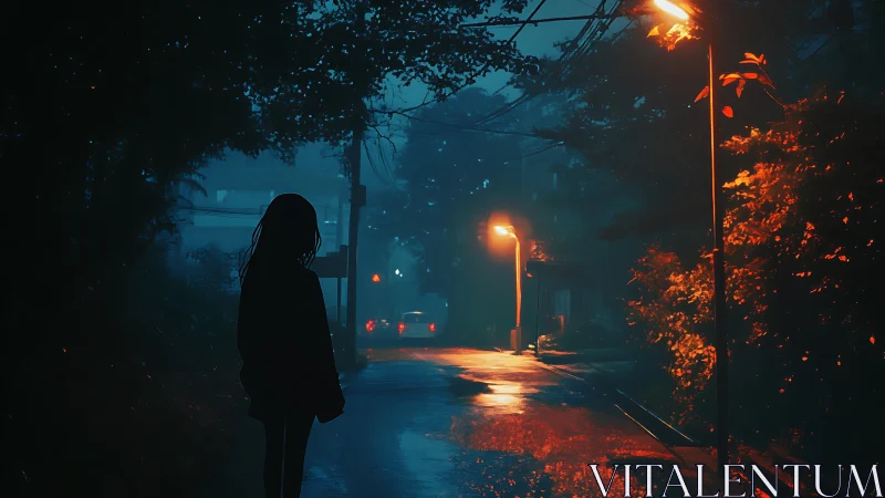 Nocturnal alleyway silhouette under sodium vapor streetlamps.