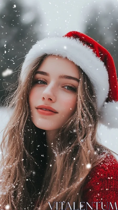 Snow-kissed daydreamer in a crimson Santa halo of winter.