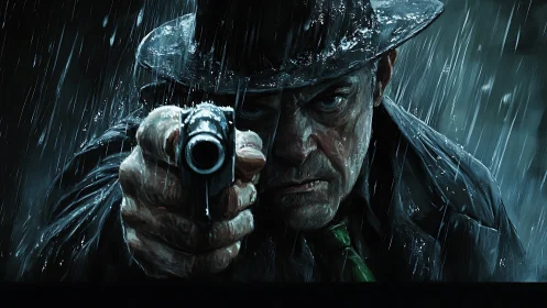 Noir gunman in torrential rain with cinematic close focus.