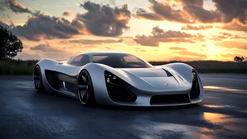 Futuristic silver hypercar on wet track at vivid sunset.