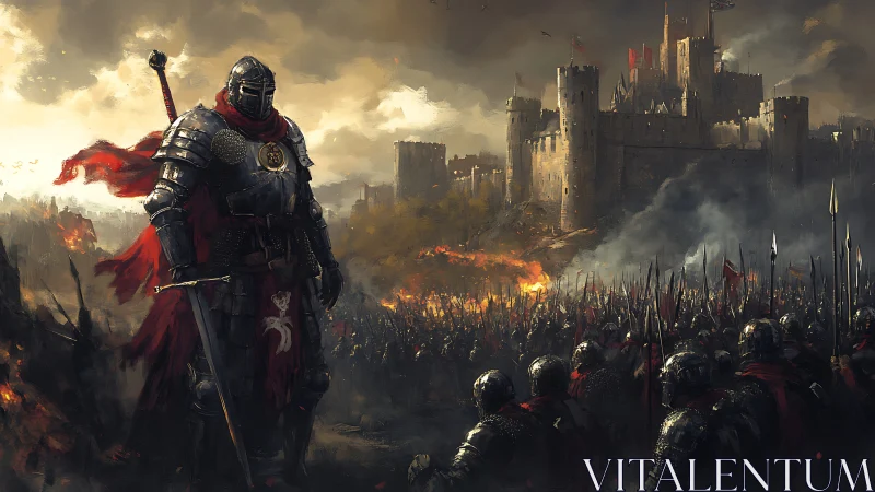 Armored warlord commands siege before burning fortress.