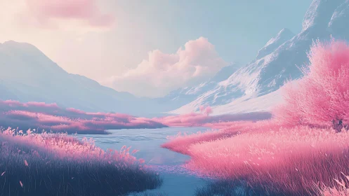 Pastel alpine river valley with luminous pink foliage.